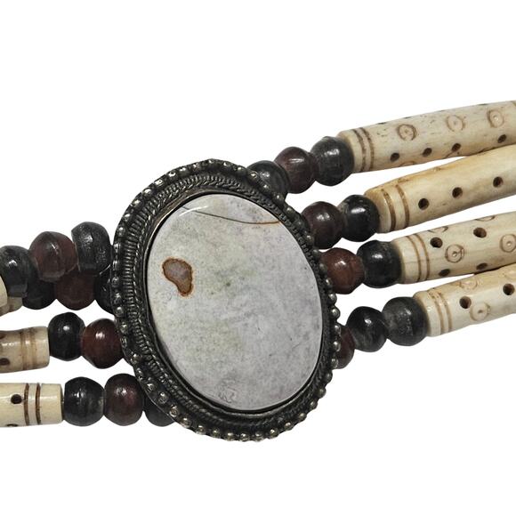 Natural Stone Bohemian Cabachon Concha Belt Carved Bone Beads Four Strands Small - Picture 6 of 12